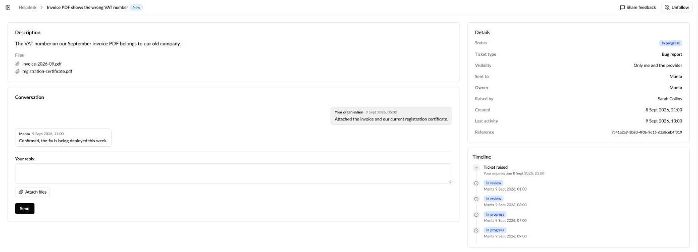 A bug report with its conversation, details and a timeline of status changes