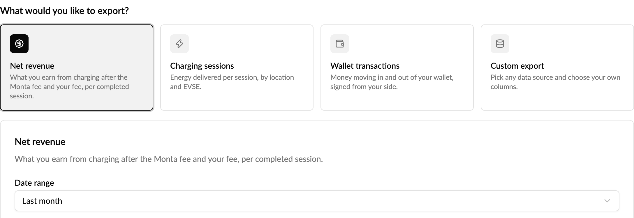 Data exports with ready-made reports for net revenue, charging sessions and wallet transactions