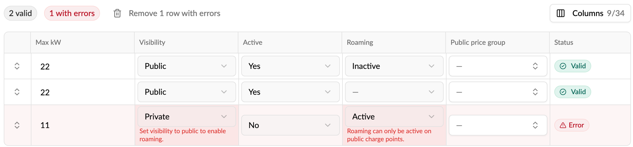 Bulk edit row with an error: roaming can only be active on public charge points