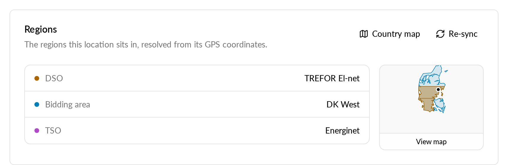 The Regions card on a location's Settings General page: DSO, bidding area and TSO, with Country map, Re-sync and a View map preview of the zones.