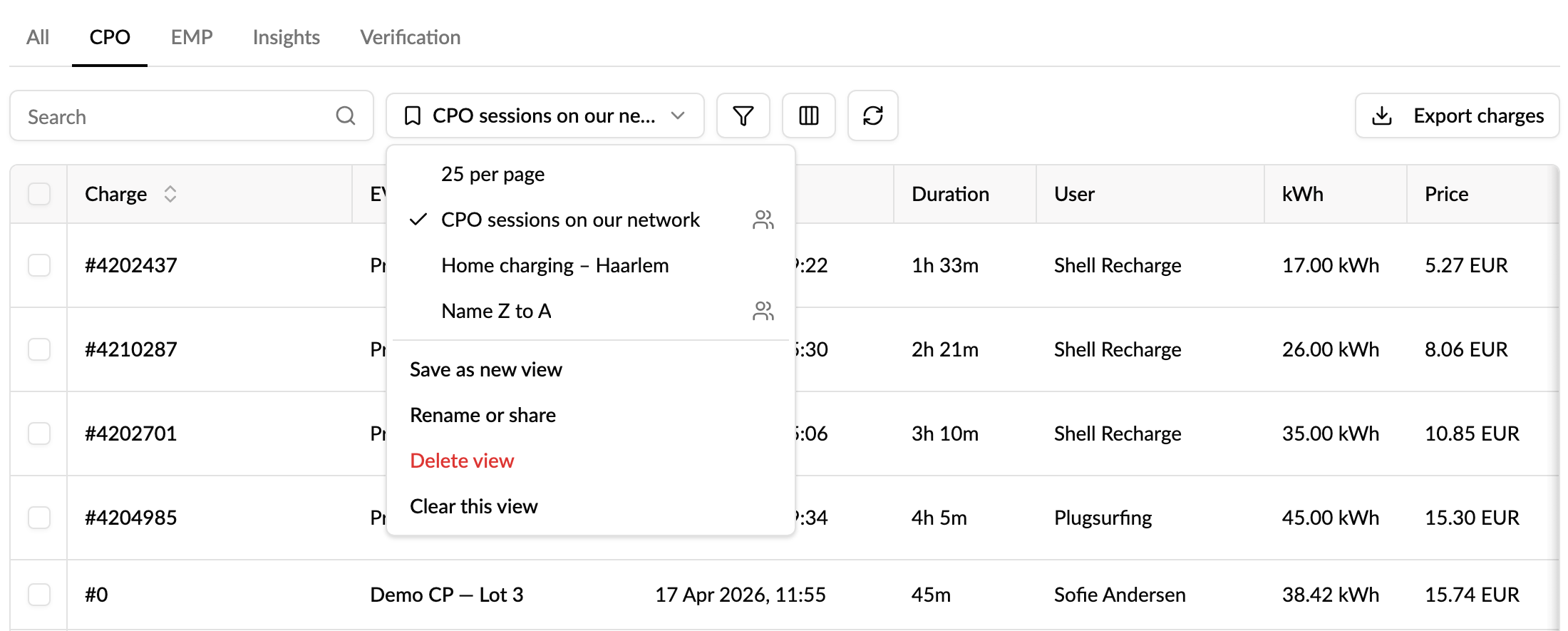 Views menu on Charging sessions with private and shared views