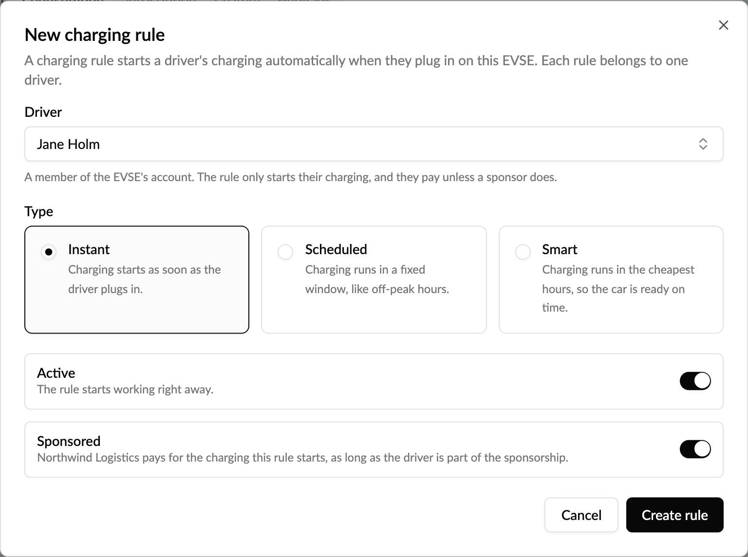 New charging rule form with driver, type, active and sponsored