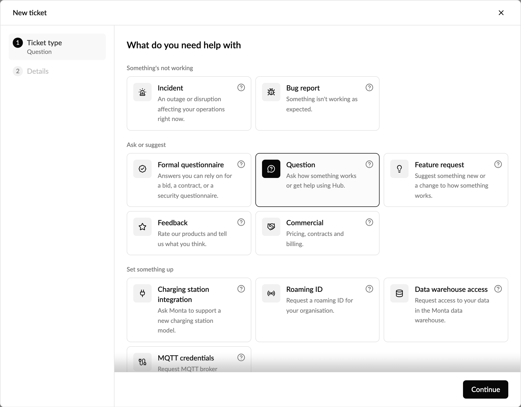 The New ticket dialog in Helpdesk, listing the ticket types you can send to Monta
