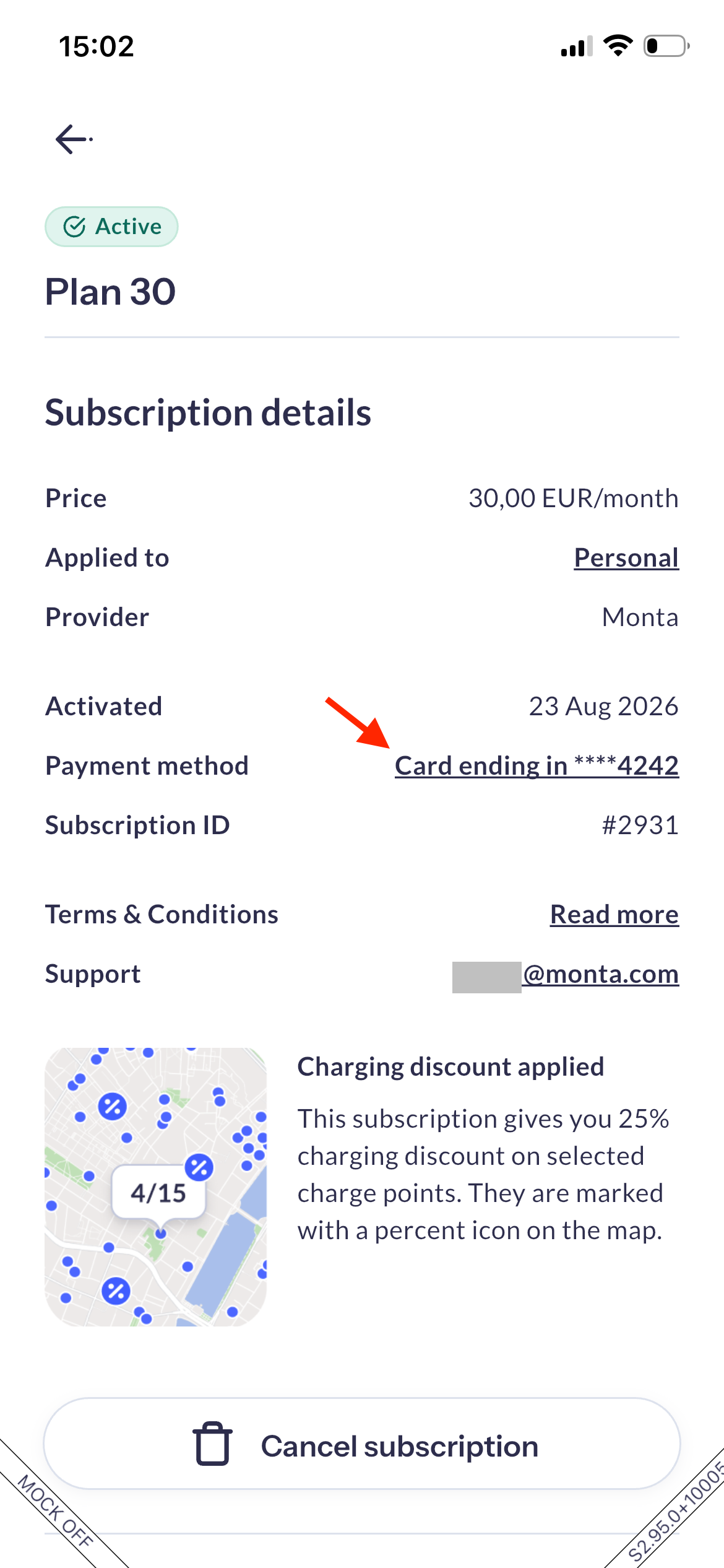 Subscription details showing the card the subscription is billed to