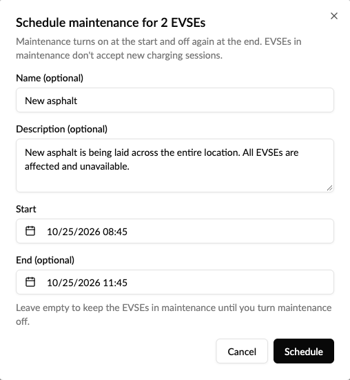 Schedule maintenance for 2 EVSEs with name, description, start and optional end
