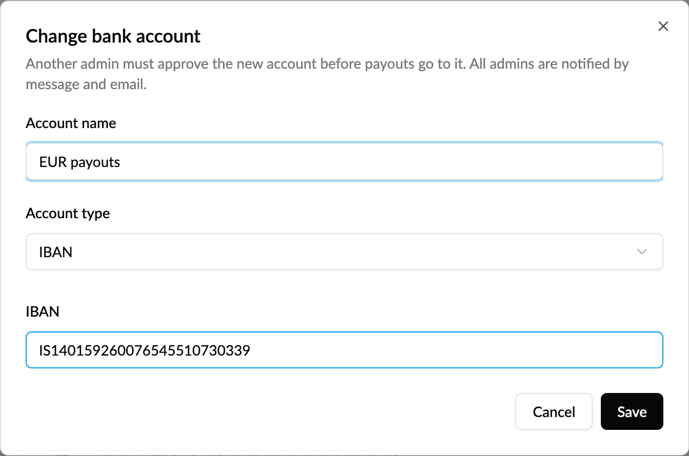 Change bank account dialog