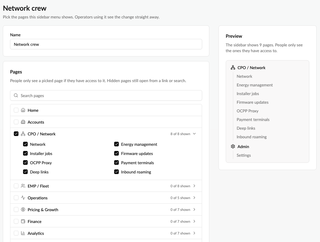 Building a sidebar menu: pages grouped like the sidebar, with a live preview