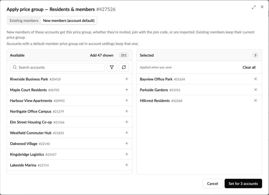 Apply to with New members (account default) selected