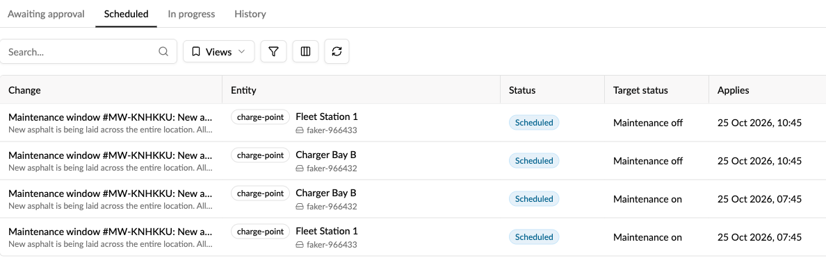 Scheduled change requests with description and Target status column