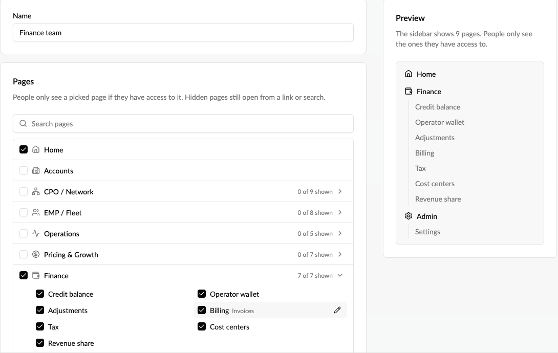 Sidebar menu editor with Invoices renamed to Billing, shown in the preview