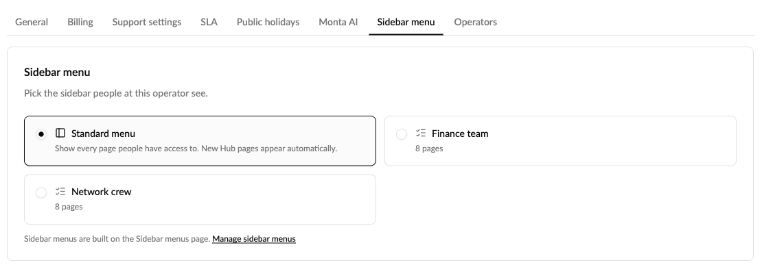 Sidebar menu tab with Standard menu and two sidebar menus