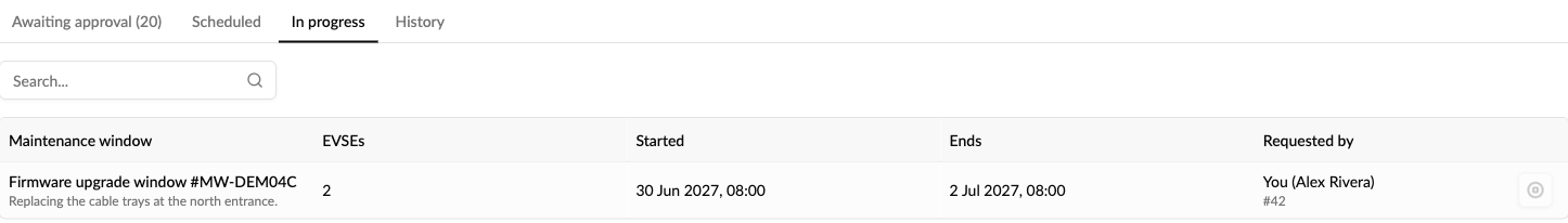 In progress tab in Change requests listing a running maintenance window