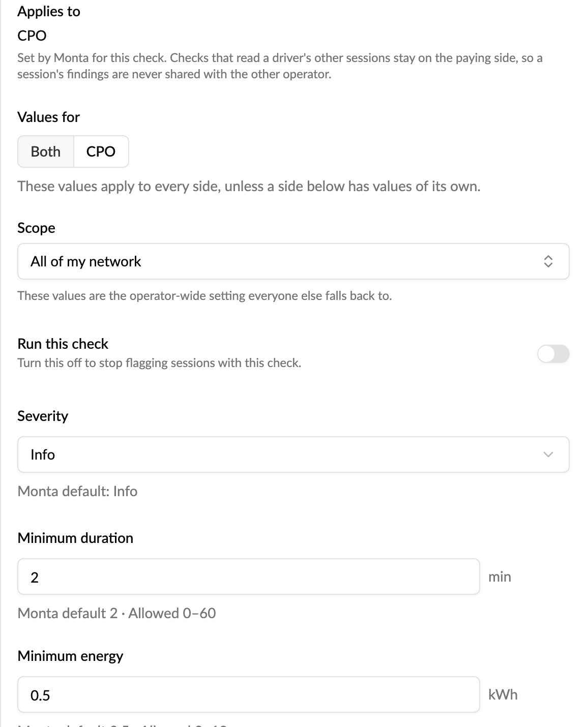 Editing the Not a valid AFIREV session check: Run this check, severity and the duration and energy limits