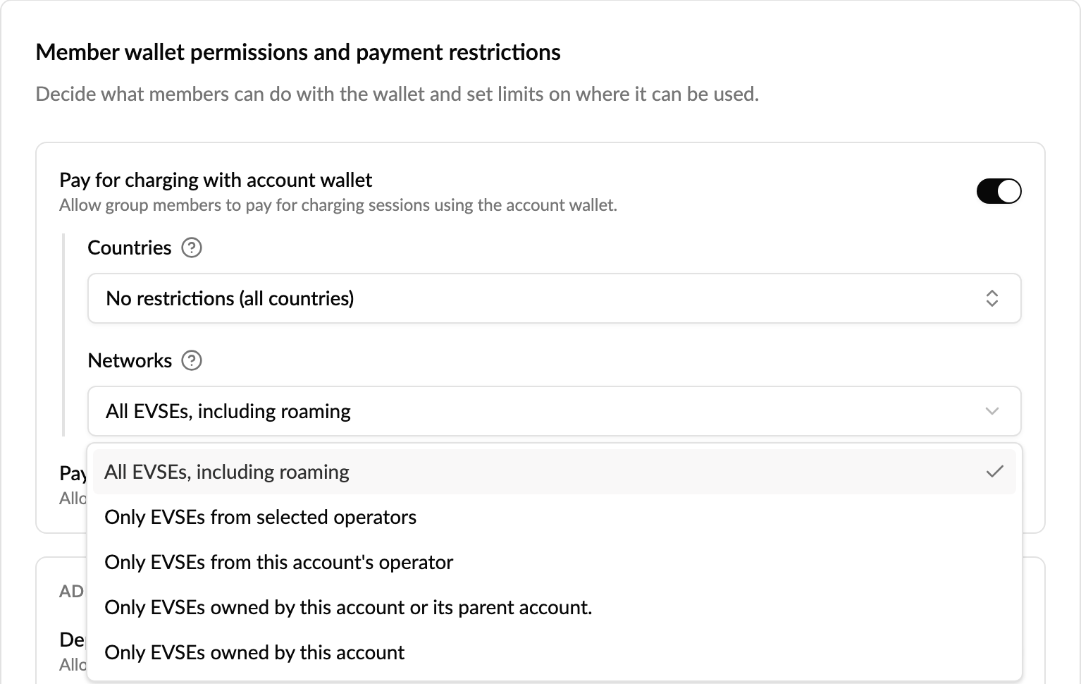 The Networks options for paying with the account wallet