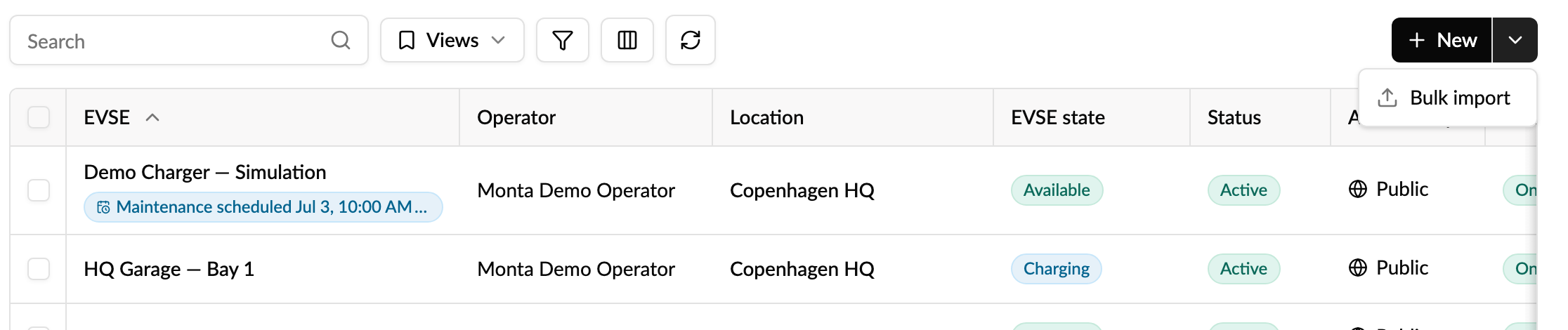 Bulk import under the arrow next to New on the EVSE list