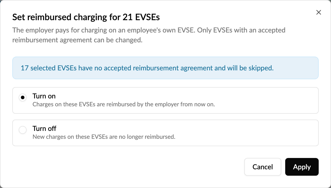 Set reimbursed charging dialog with Turn on and Turn off