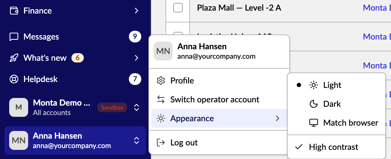 Appearance menu with High contrast ticked