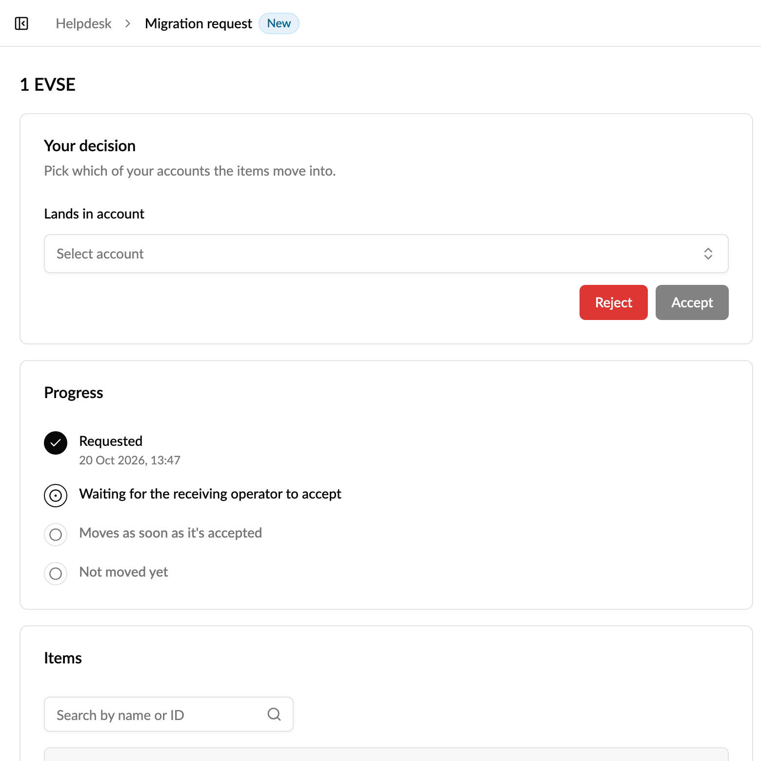 Deciding on a migration request: choose where the EVSEs land, then accept or reject