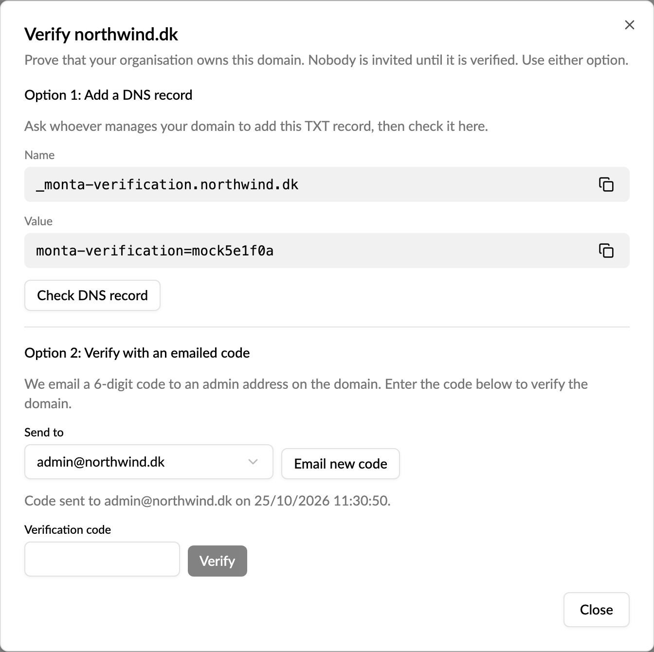 Verify the domain with a DNS record or an emailed code