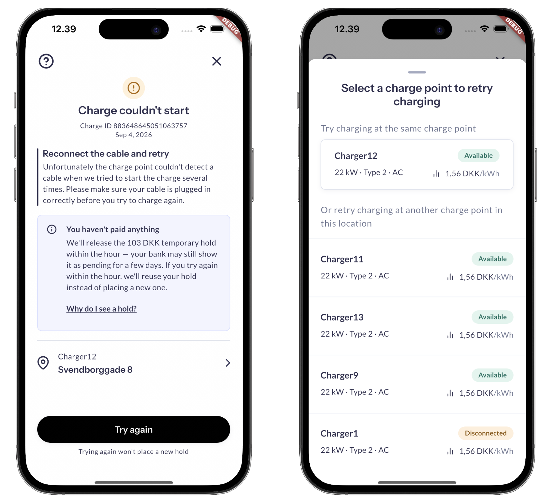 Charge couldn't start screen explaining the hold will be reused, and the retry picker listing charge points at the same location