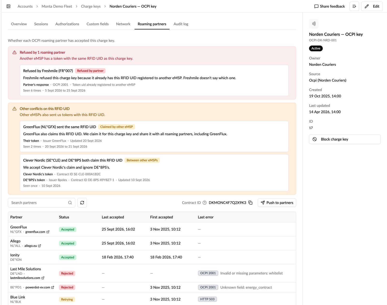 A charge key's Roaming partners tab with conflicts