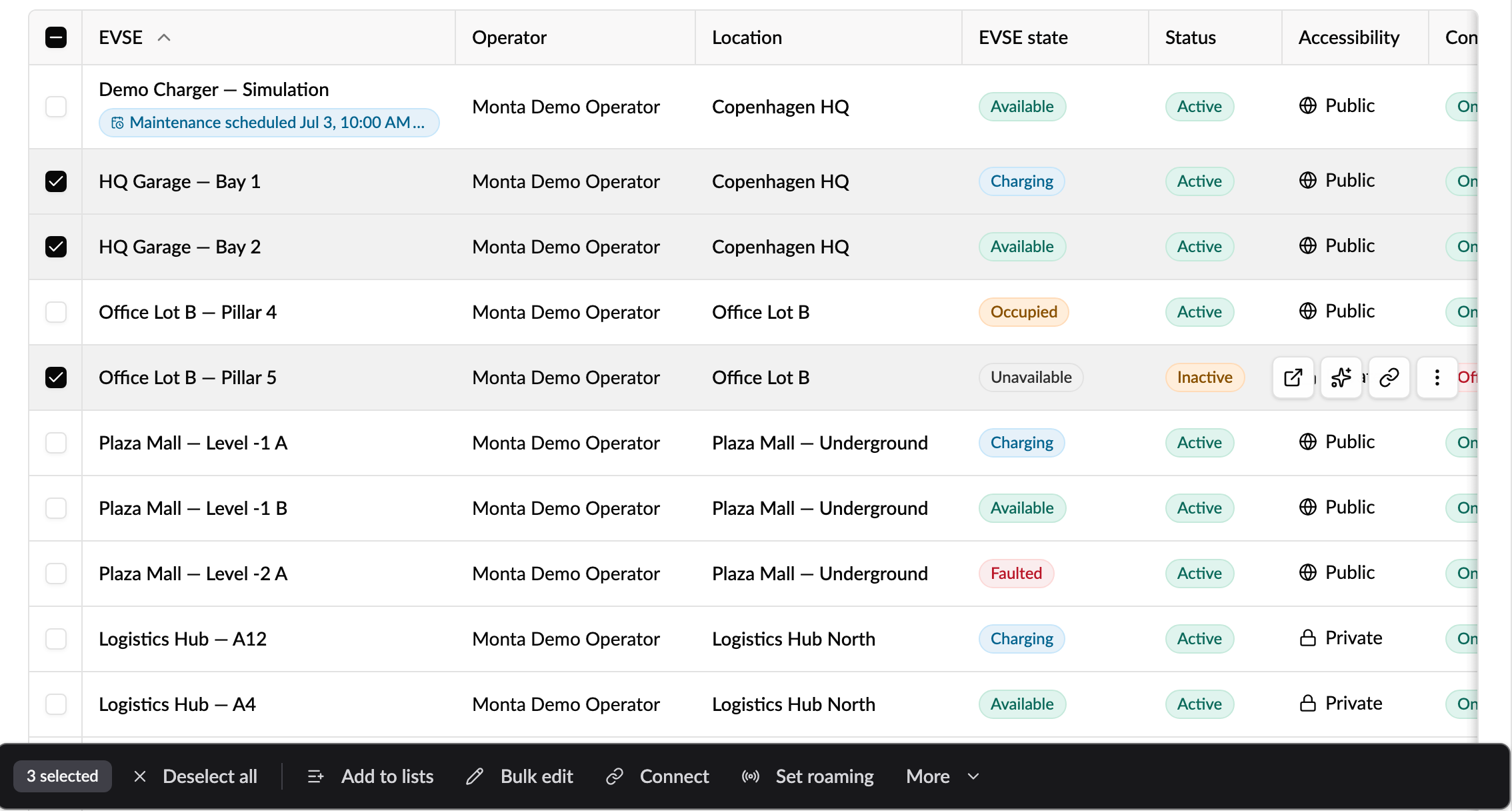 EVSE list with three EVSEs selected and the Bulk edit button in the bottom bar