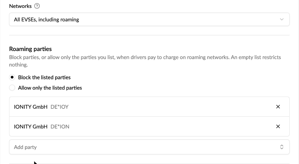 Roaming parties section of an account template, blocking two parties