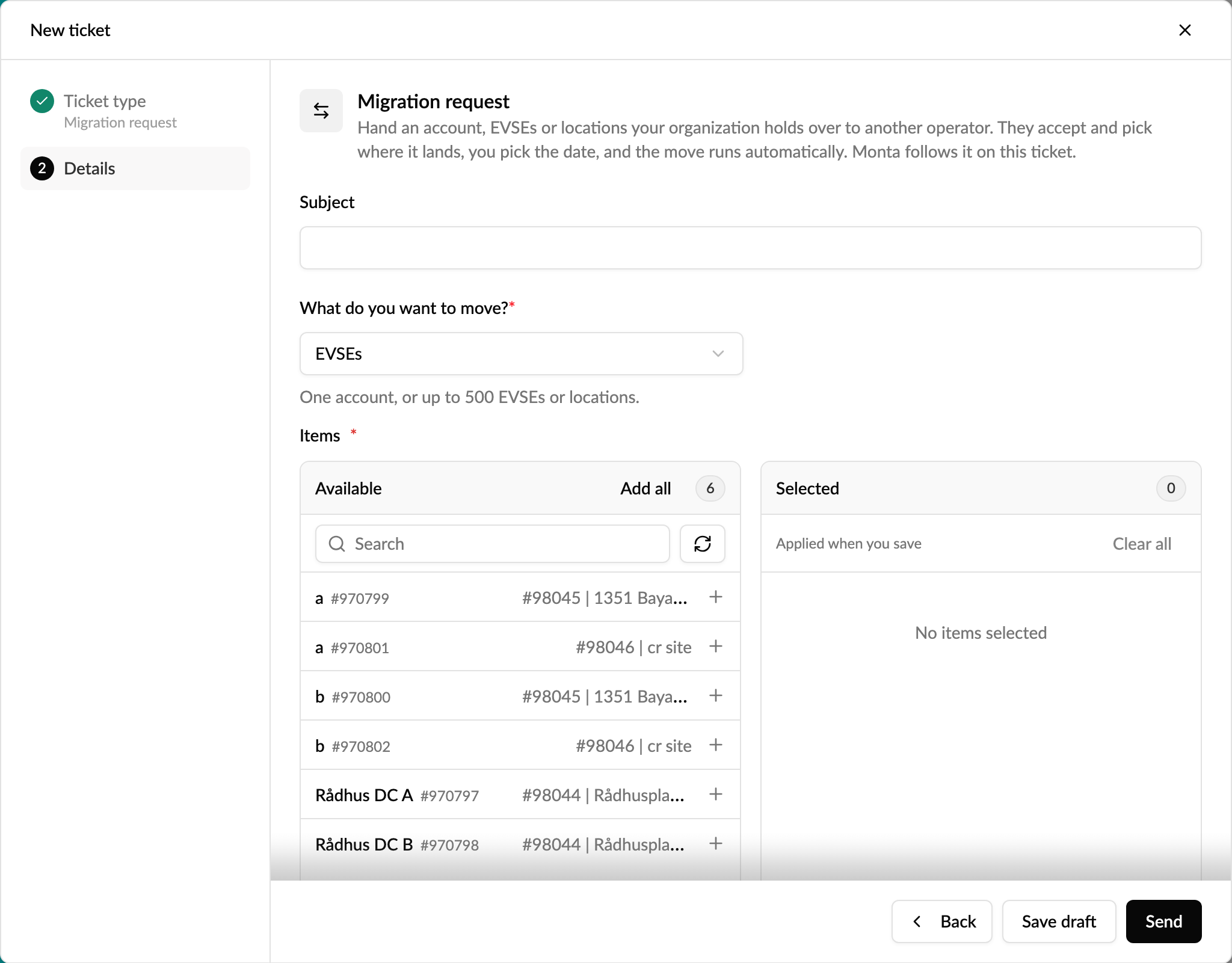 Picking EVSEs for a migration request: every EVSE shows its ID, location and address