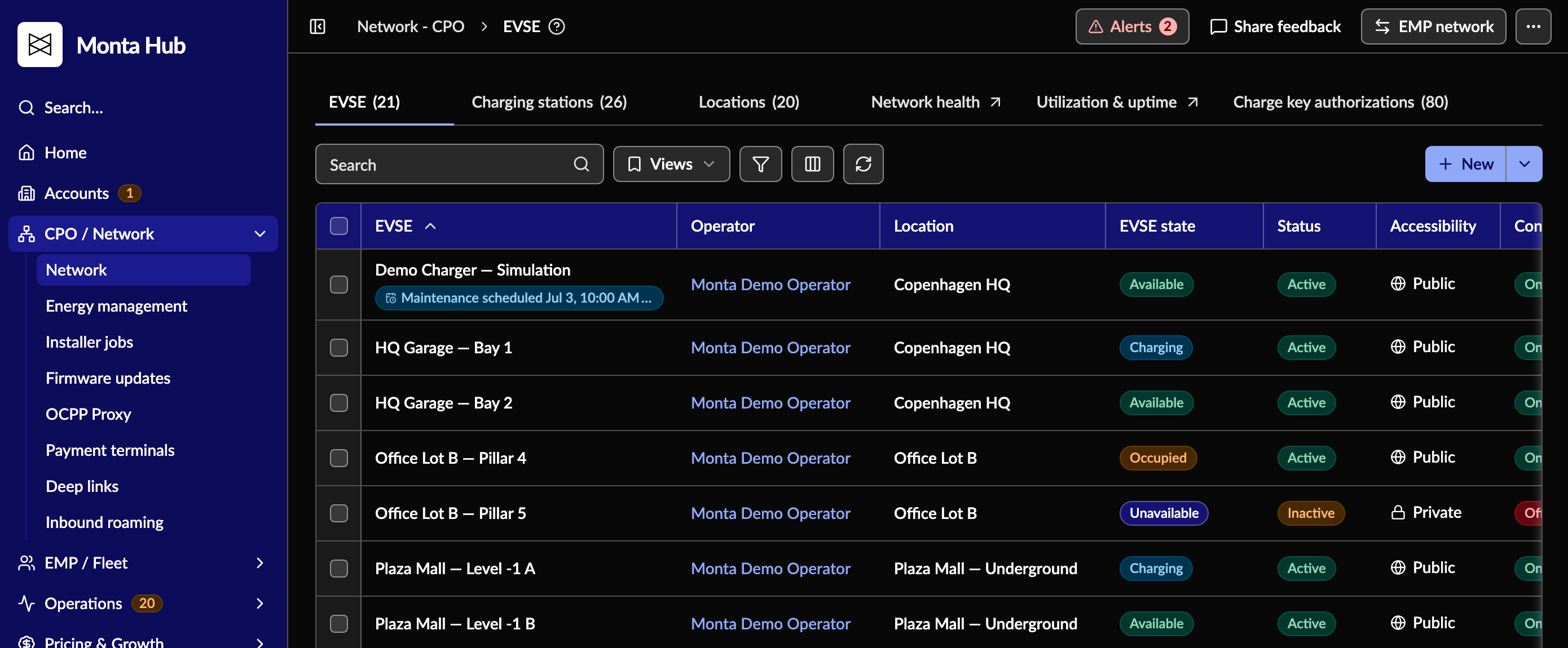 EVSE list in high contrast dark mode
