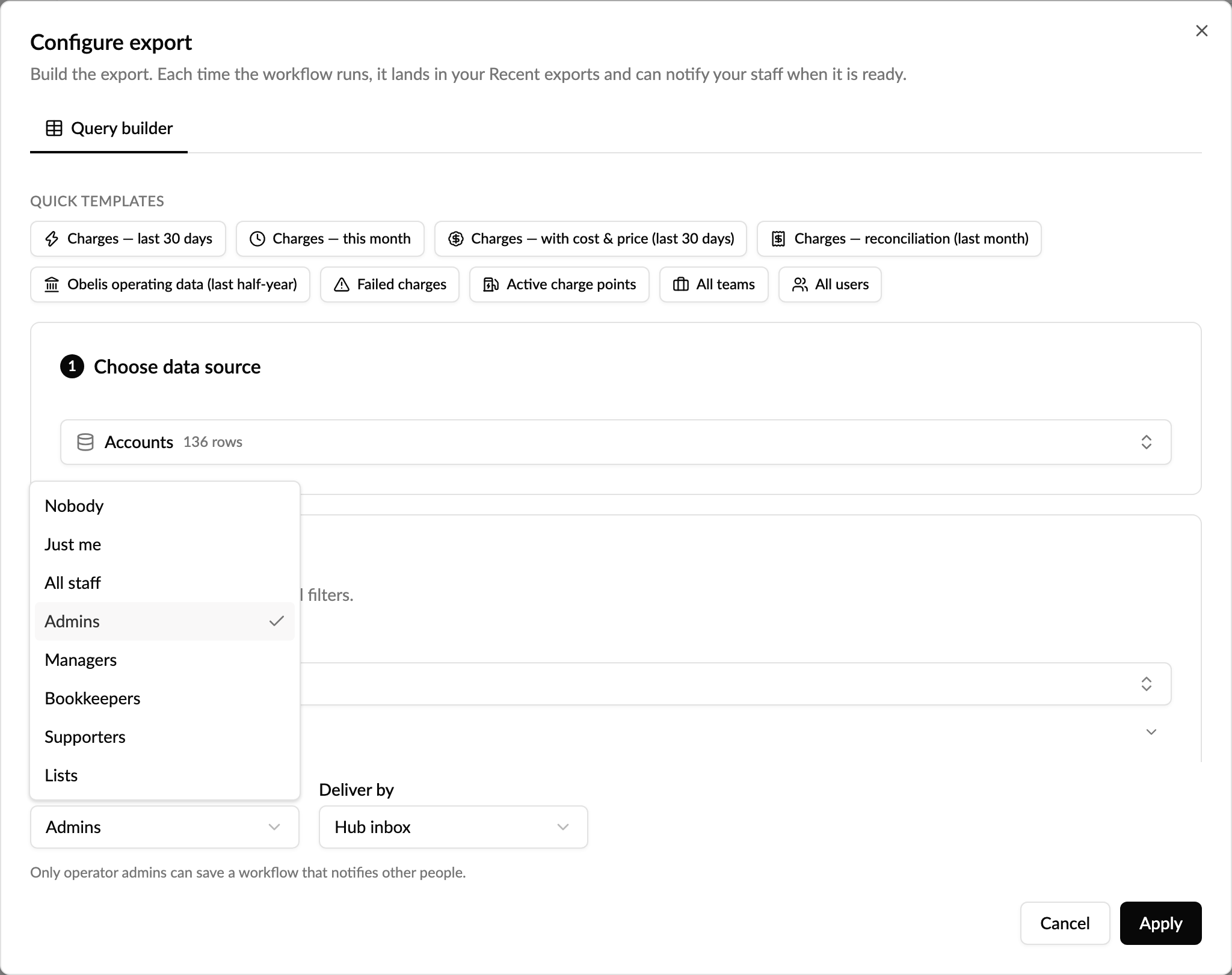 Notify when ready in a workflow export, with Just me, All staff, staff roles and Lists