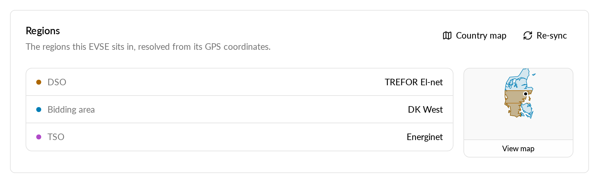 The Regions card on an EVSE's Settings General page: DSO, bidding area and TSO, with Country map, Re-sync and a View map preview of the zones.
