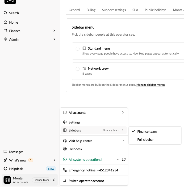 Operator menu with Sidebars: switch between the sidebar menu and the full sidebar