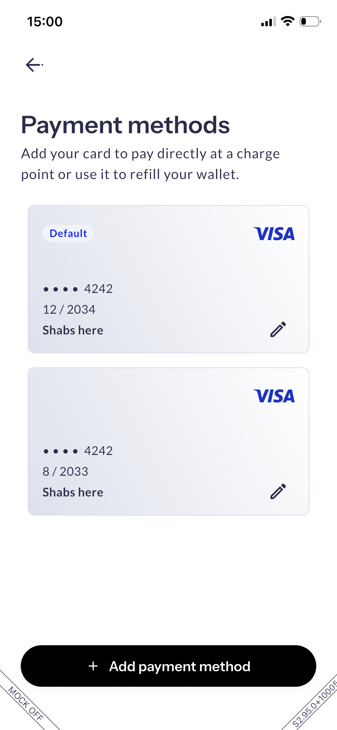 Payment methods screen showing which card is the default