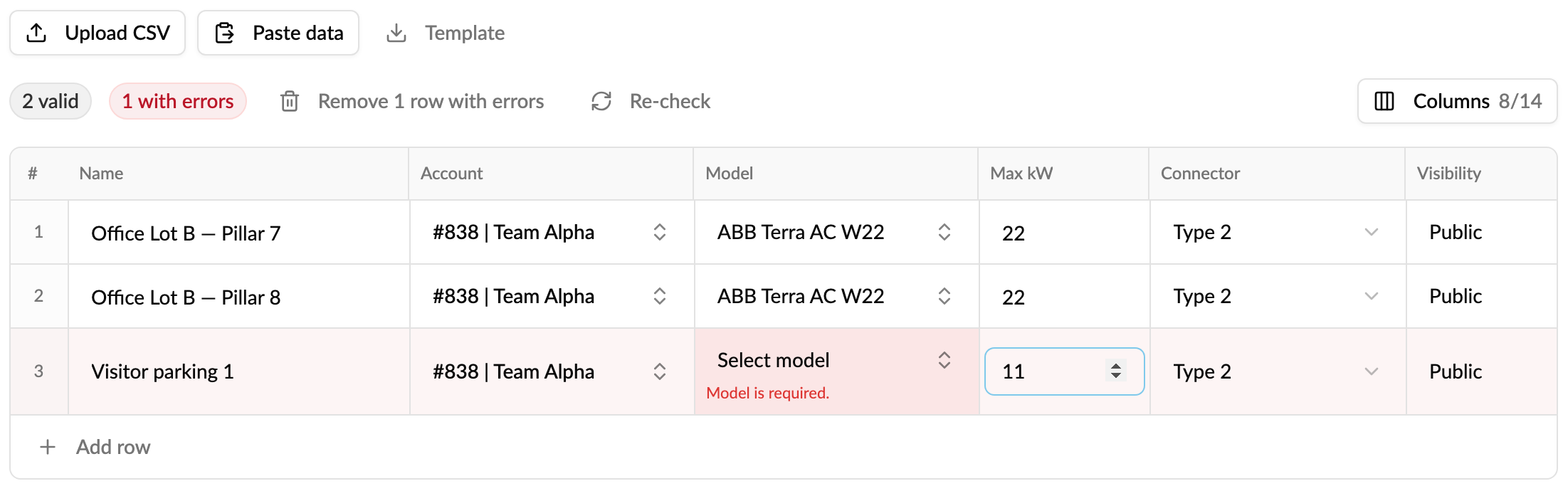 Bulk import grid with two valid rows and one row with an error