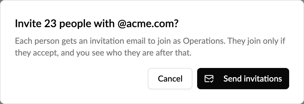 Confirm sending invitations to 23 people with @acme.com