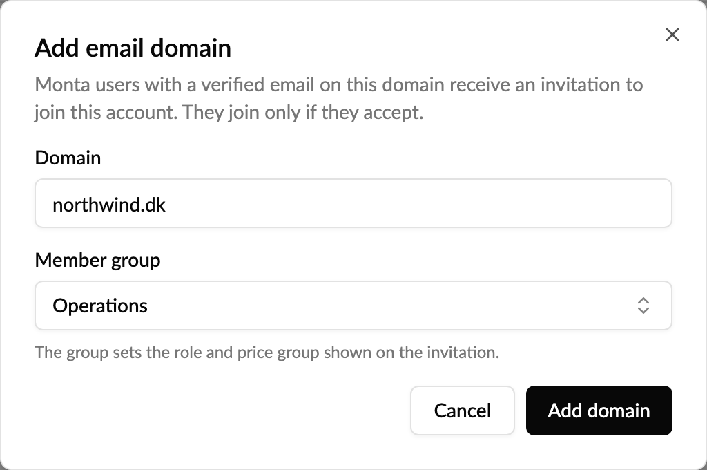 Add email domain with domain and member group