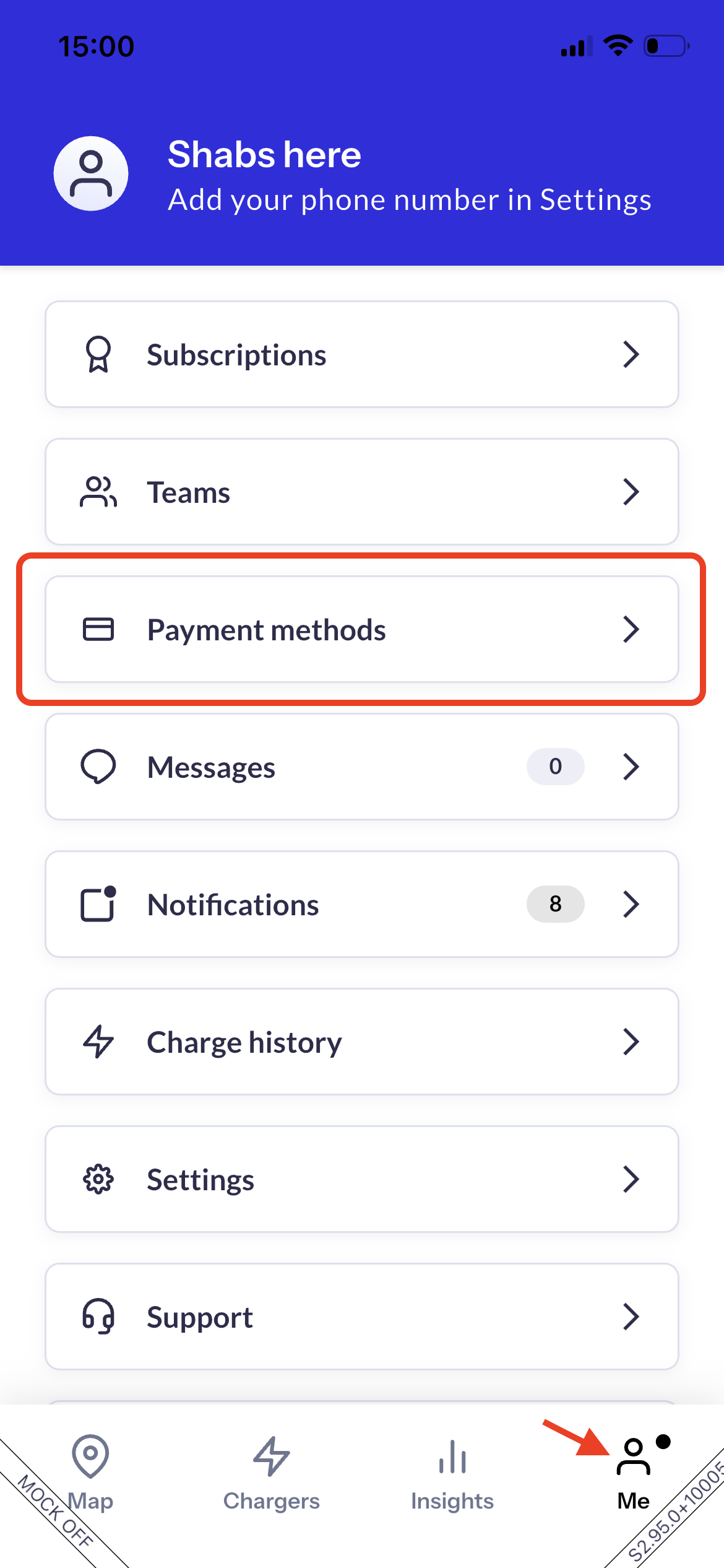 Me tab in the Monta app with Payment methods highlighted