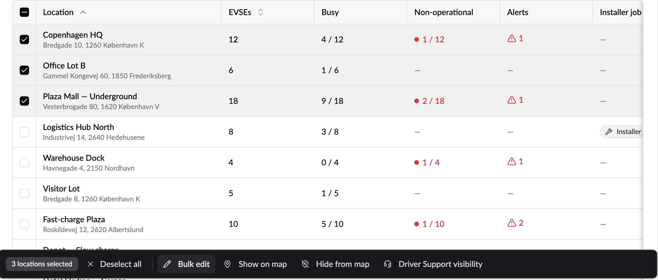 Locations list with three locations selected and the Bulk edit button