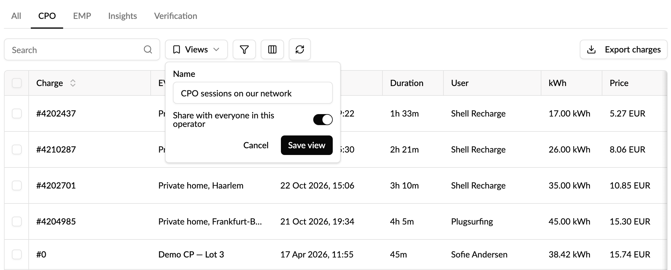 Saving the CPO tab of Charging sessions as a shared view