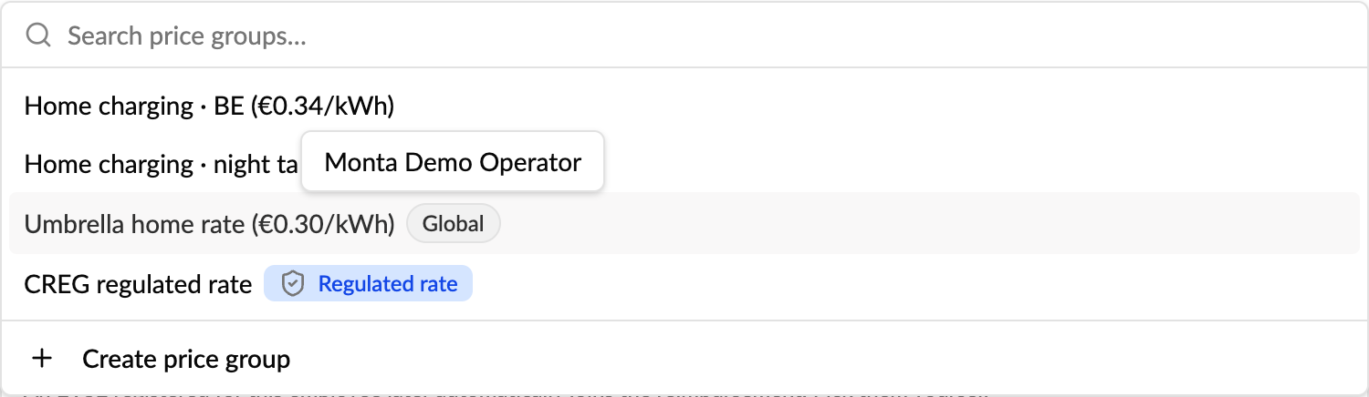 Reimbursement price group picker with a Global price group from the operator