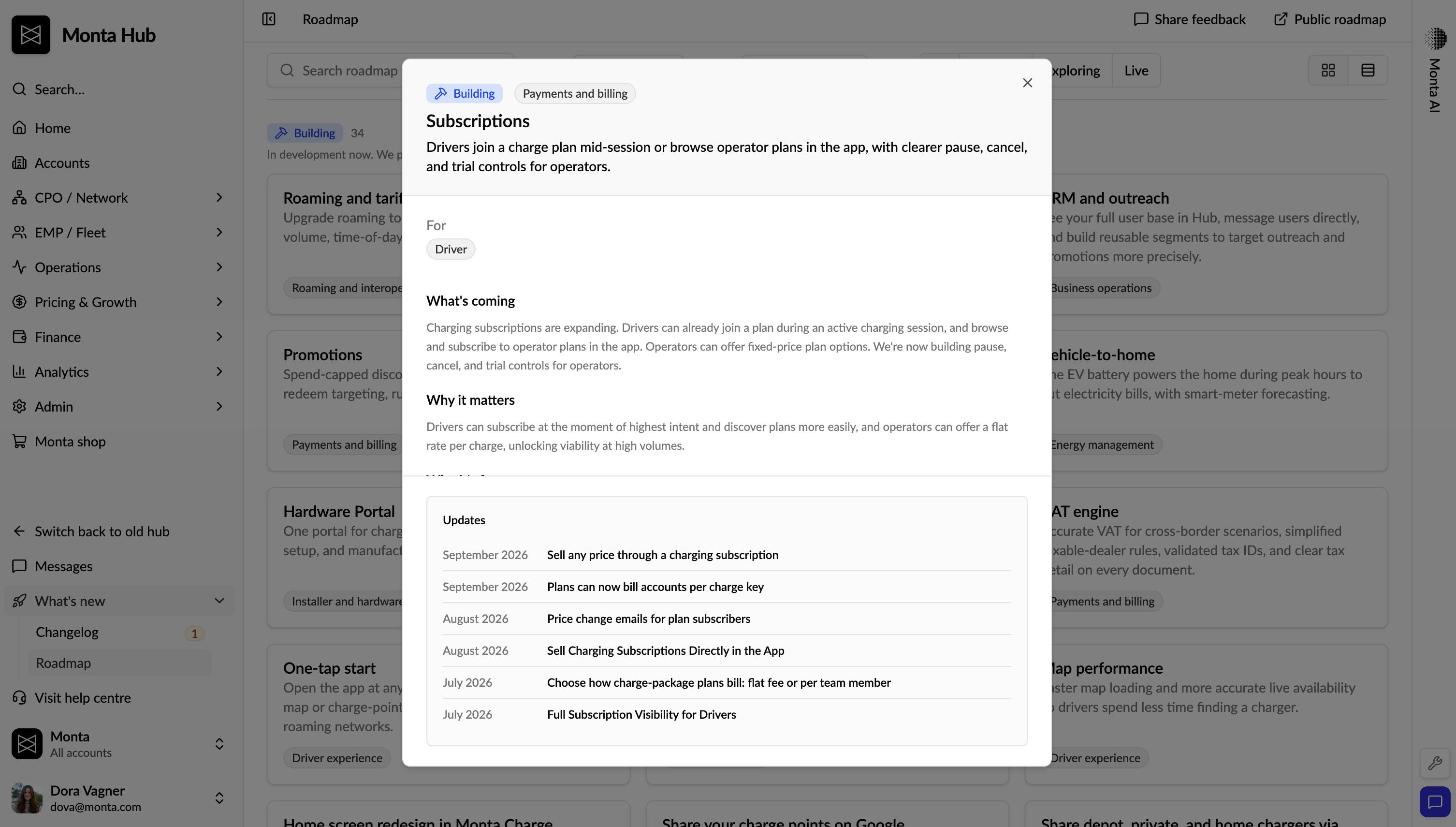 A roadmap item opened in Monta Hub. Subscriptions is in the Building stage under Payments and billing. It shows who it's for, what's coming and why it matters, followed by an Updates list of dated changelog posts from July to September 2026, such as Sell any price through a charging subscription.