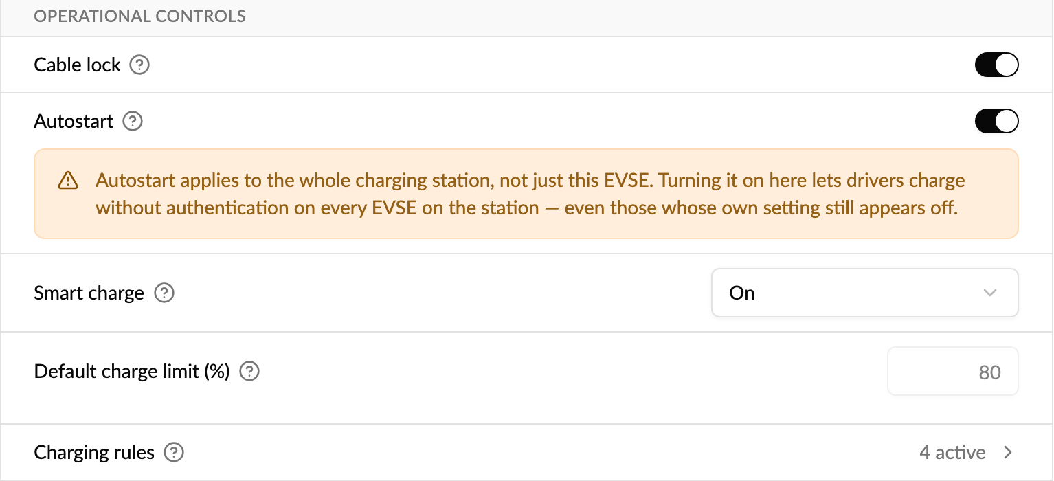 Charging rules row under Operational controls on the EVSE Configuration tab