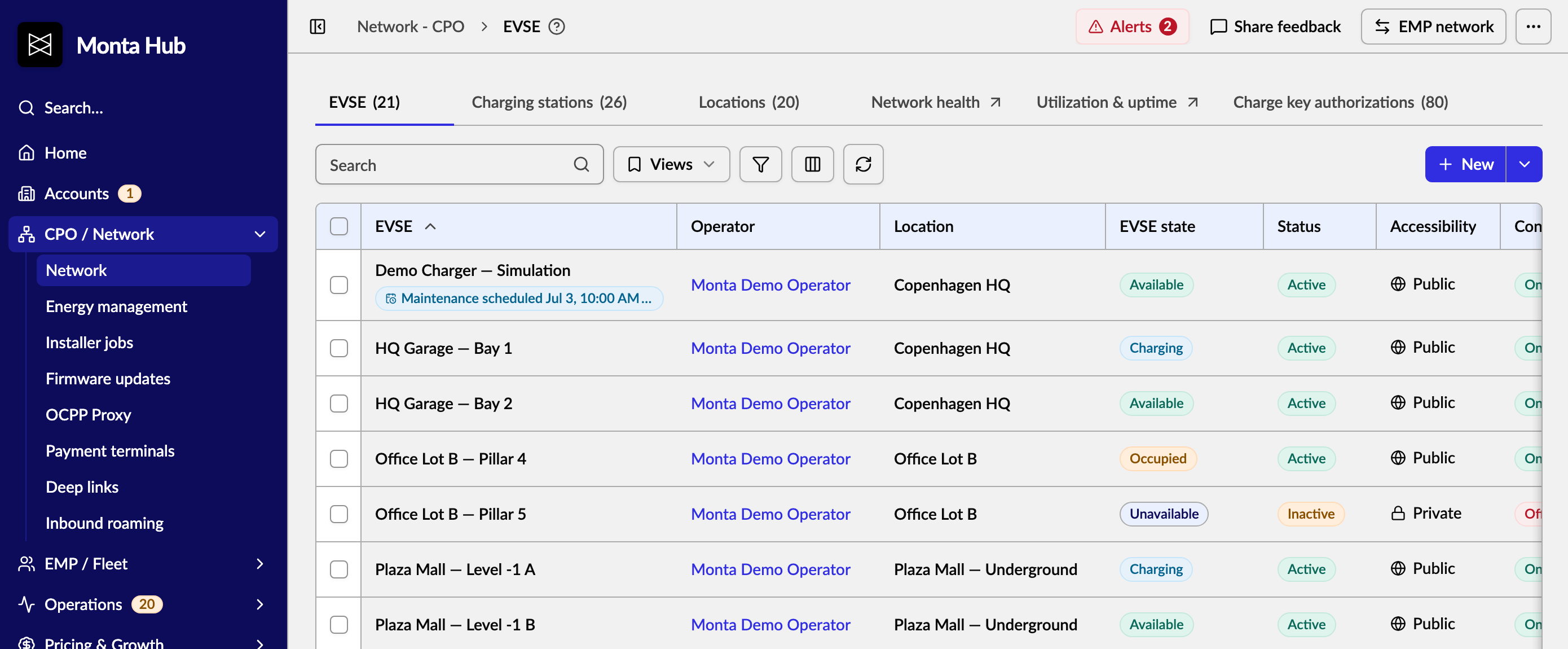 EVSE list in high contrast, with a blue sidebar and a grey page